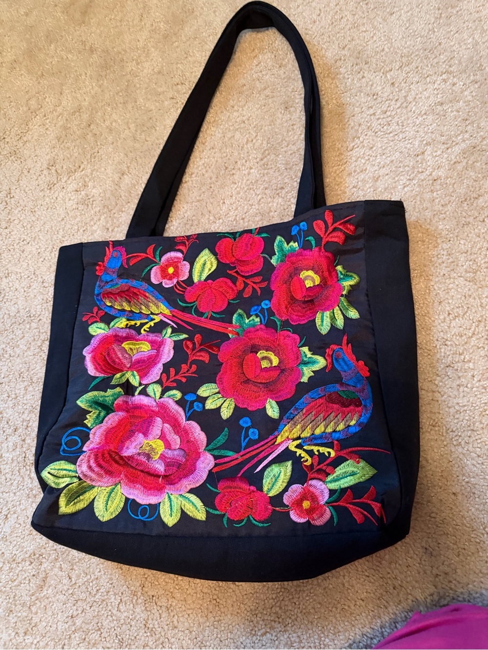 Embroidered Floral & Bird Black Tote Bag